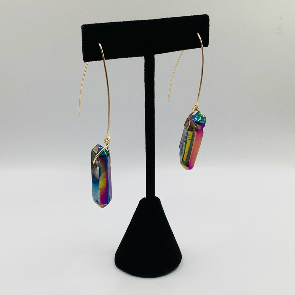 NEW Earrings Quartz Crystal Points Titanium Coated Oil Slick Gold Tone Ear Wires